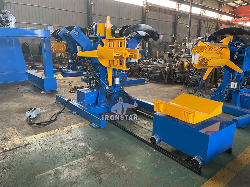 “5 Ton 500mm Width Double Head Hydraulic Decoiler With Loading Car Automatic Steel Coil Uncoiler For Roll Forming Line High Productivity Double Mandrel Hydraulic Decoiler  ”