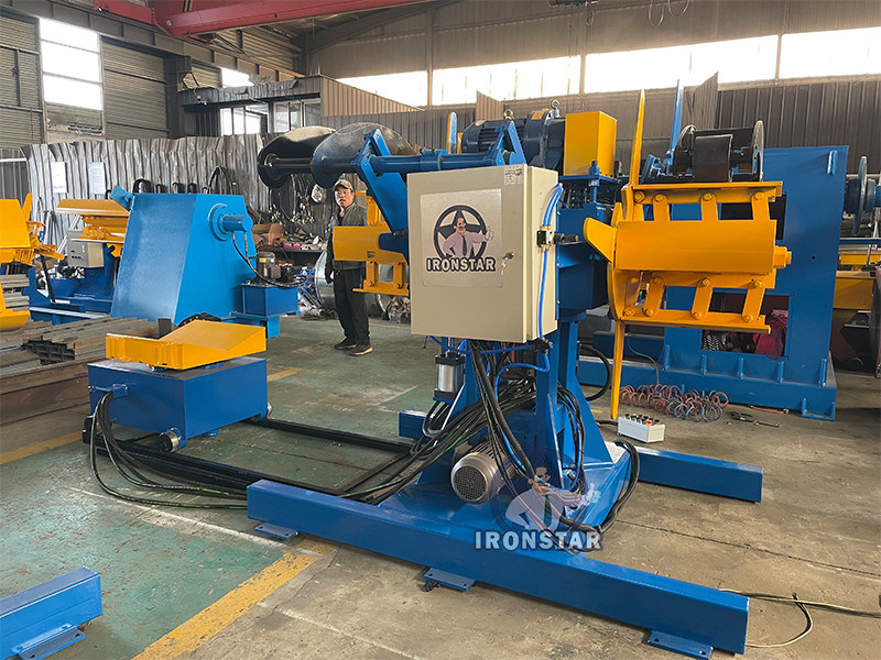 “Automatic 5T Capacity 500mm Width Double Head Hydraulic Uncoiler Decoiler with Loading Trolley for Steel Coil Feeding Line”
