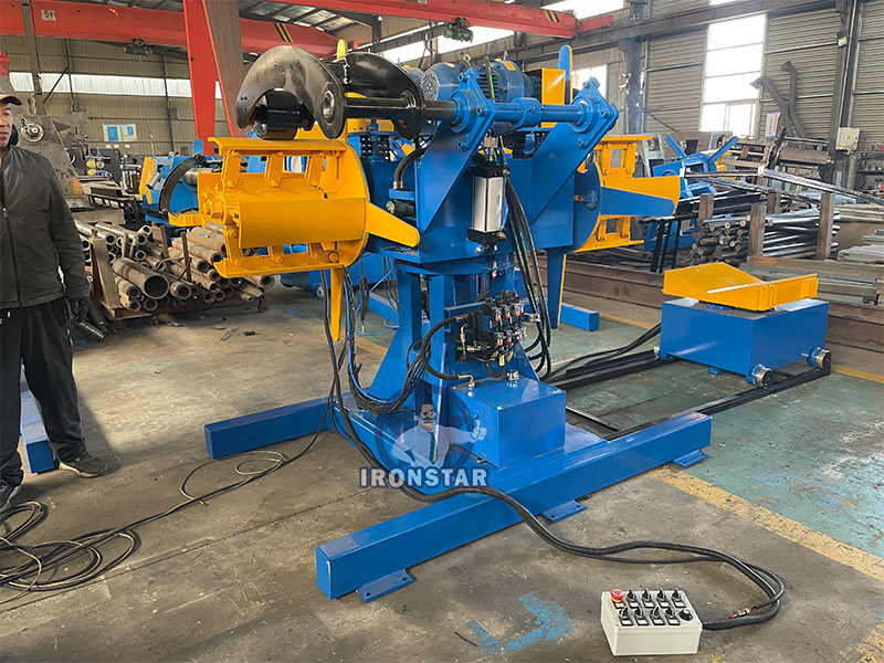 “Automatic 5T Capacity 500mm Width Double Head Hydraulic Uncoiler Decoiler with Loading Trolley for Steel Coil Feeding Line”